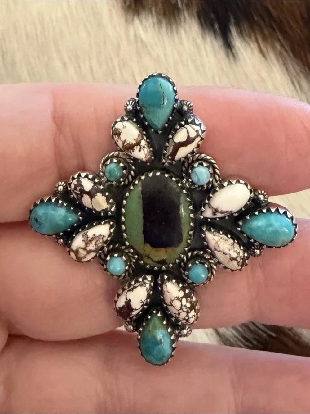❤️ Statement Cluster Blackjack Kingman Turquoise Wild Horse Jasper 925 ADJ Ring